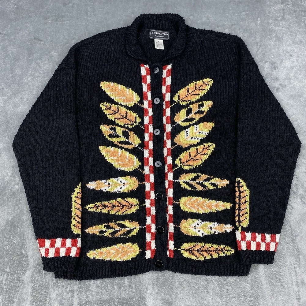 Vintage South Cotton Sweater Womens M Black Hand Loomed‎ Cardigan Fall Feathers
